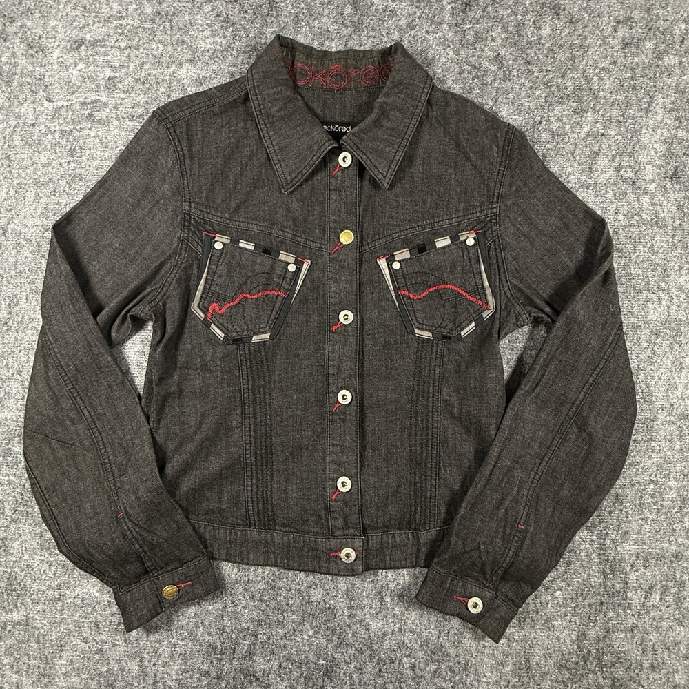 Vintage Eckō Red Denim Jacket Womens XL Black Y2K Embroidered Contrast Stitching